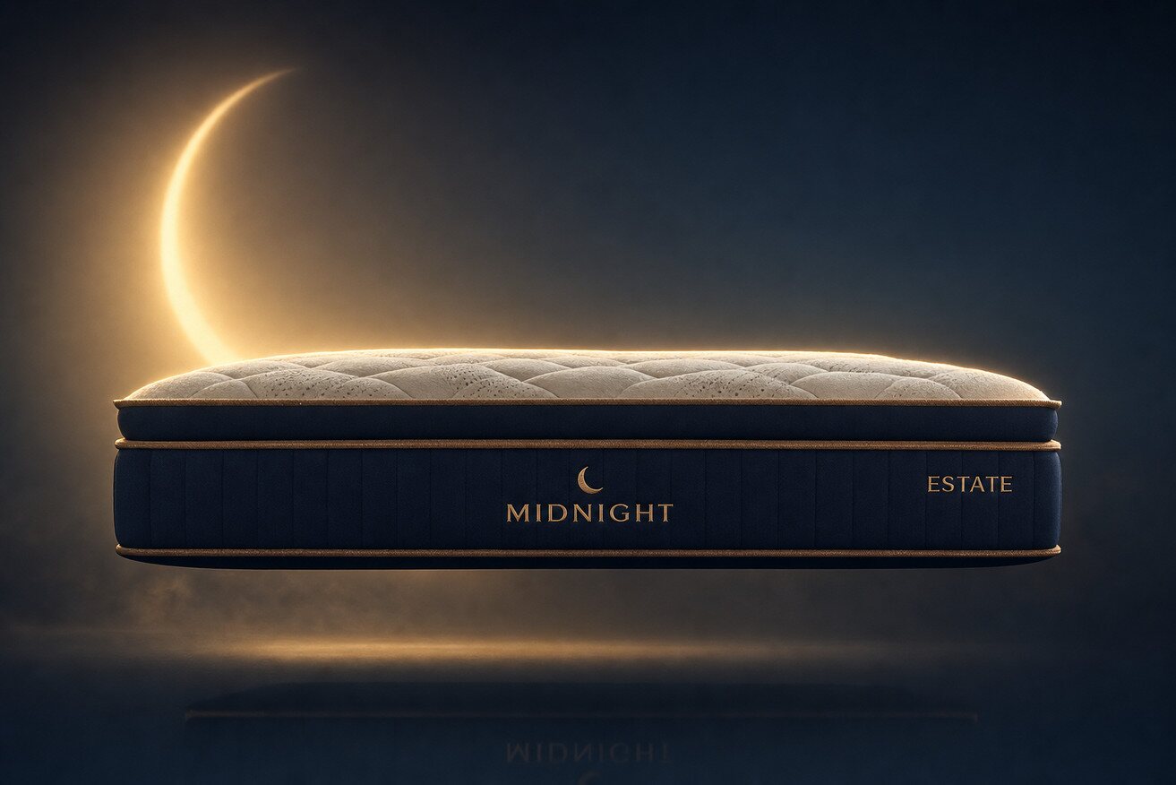 The Midnight Estate mattress in close view: quilted cream top, deep navy border, gold piping and lettering.