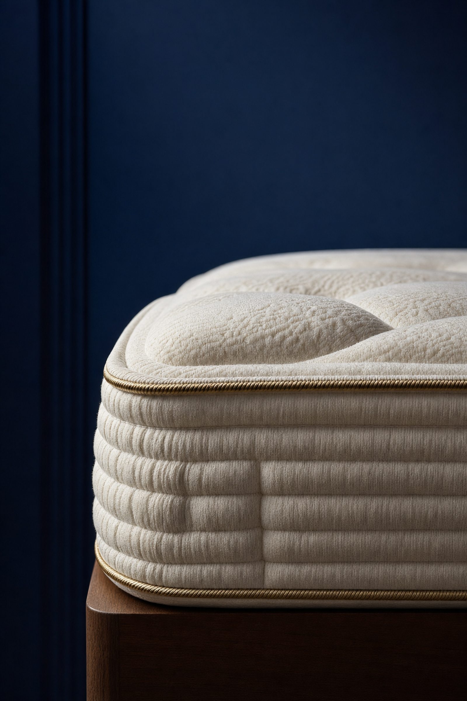 Quilted ivory mattress corner with gold piping against a deep navy wall.