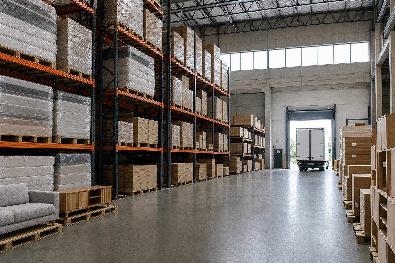 Wholesale warehouse aisle with wrapped mattresses and flat-packed furniture on racking, and a box truck at the loading dock.